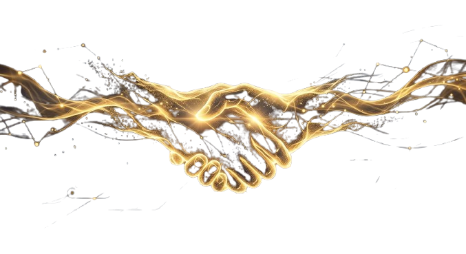 AI illustration prompt: abstract silhouette handshake dissolving into energy waves and constellation nodes gold plasma trails on abyss navy background subtle lens flare evokes trusted partnership forging AI-enabled software