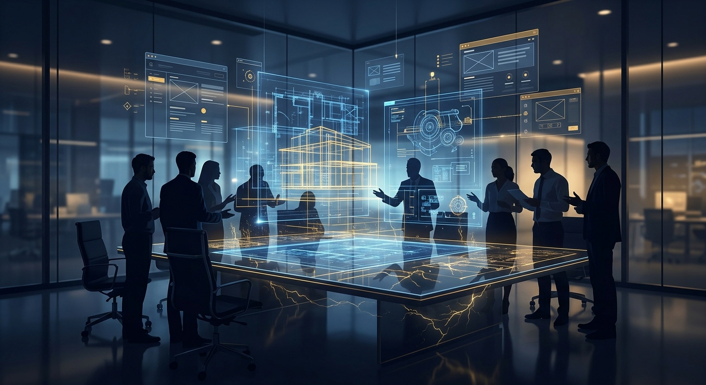AI illustration prompt: cinematic conference table workshop with holographic blueprint layers engineers silhouettes debating problem statement floating UI comps gold lightning glyph woven into glass reflections luxury minimal agency scene