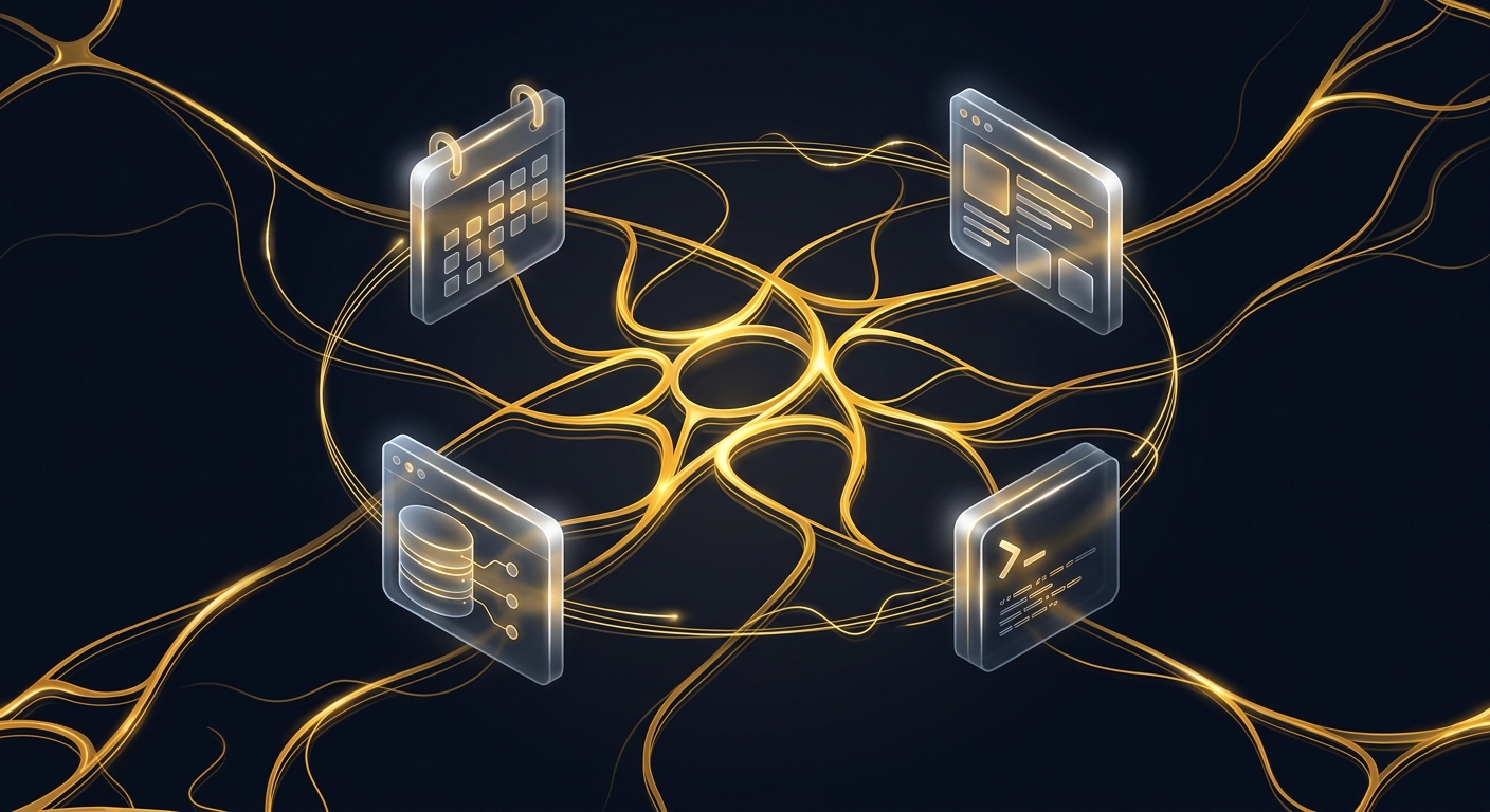 AI illustration prompt: abstract golden neural pathways forming an autonomous assistant orbiting tool icons calendar database browser terminal cybernetic glass aesthetic dramatic rim light