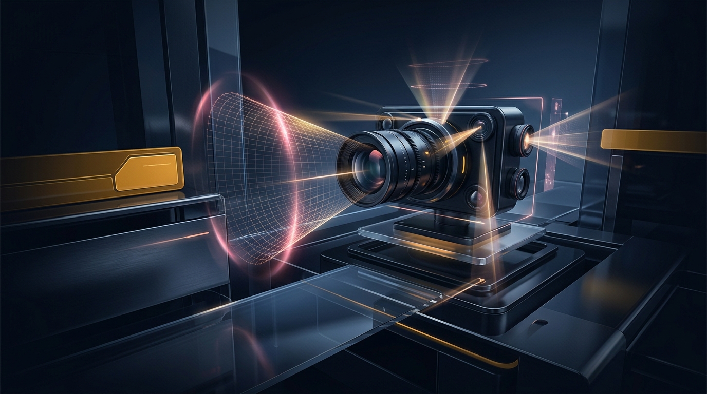AI illustration prompt: cinematic camera optics scanning environment with luminous detection mesh luxury automotive lighting mood noir palette subtle magenta coral accent halo