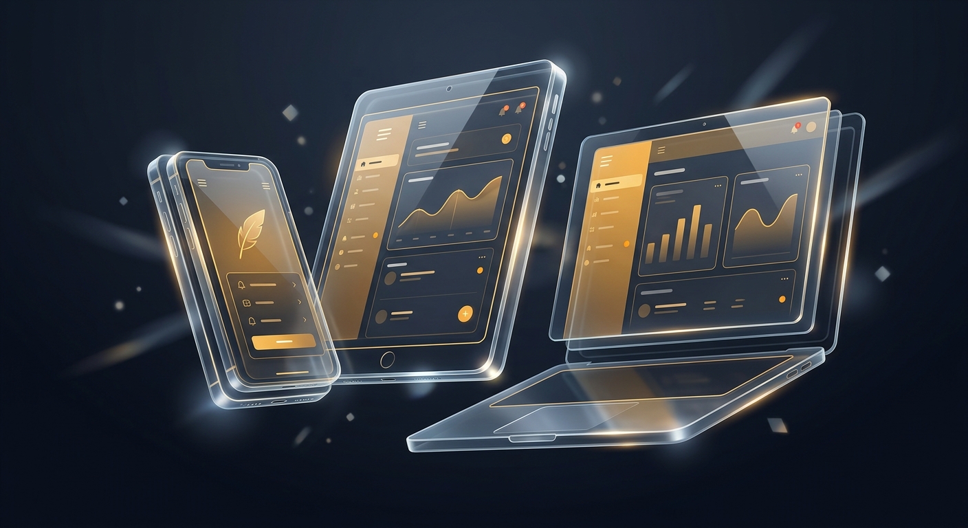 AI illustration prompt: floating smartphone tablet laptop trio built from layered glass slabs showing aligned UI chrome flutter-feather motifs gold micro-glow trims minimal luxury product render