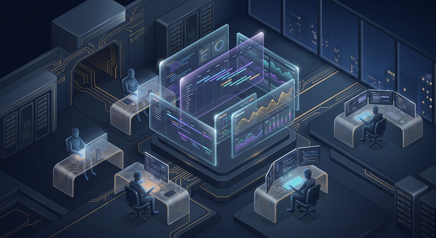 AI illustration prompt: isometric futuristic dev studio illustrating enterprise SaaS control tower with floating glass panels coding timeline charts subtle gold circuitry accent on deep navy noir environment