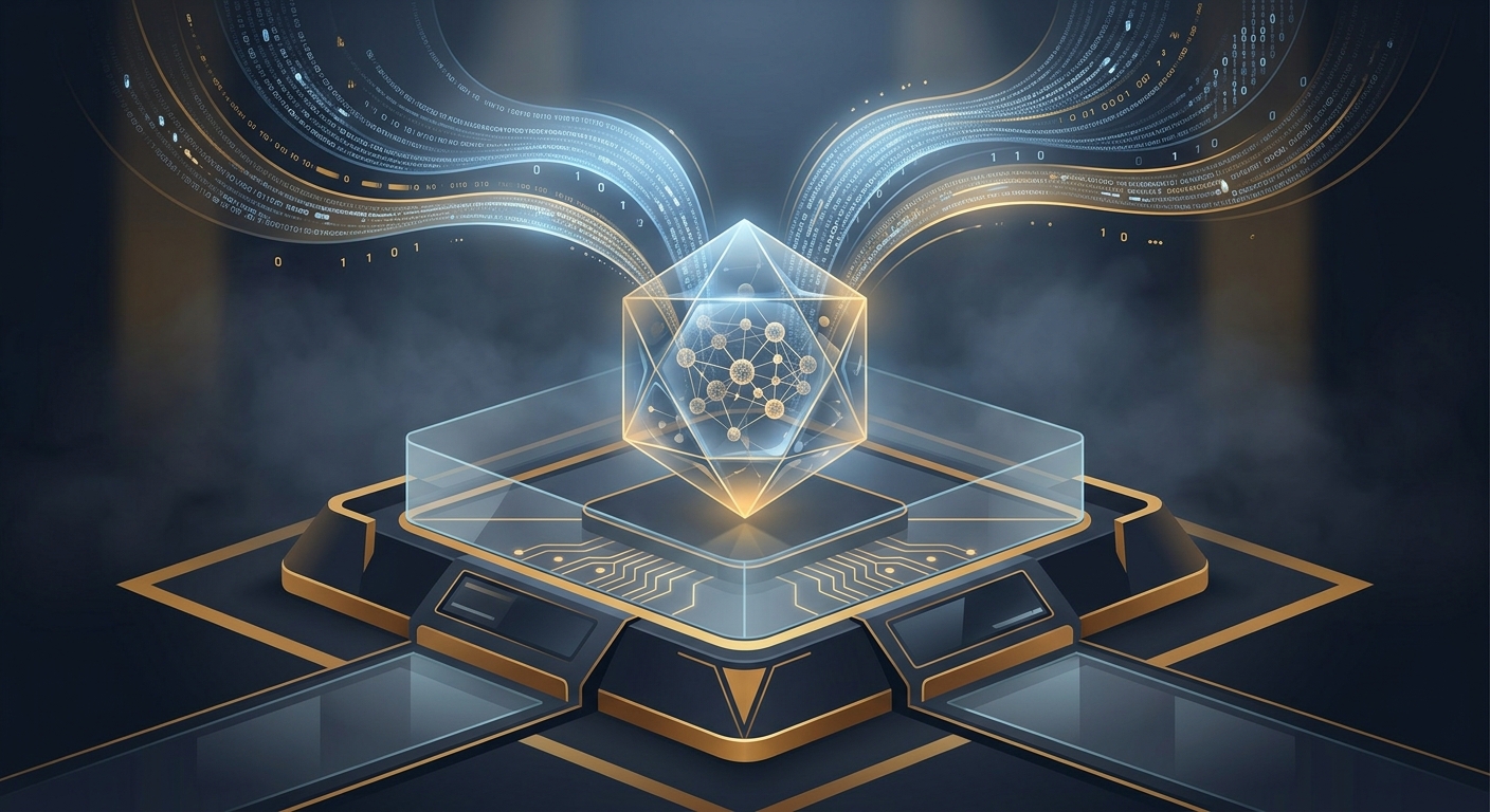 AI illustration prompt: premium data science altar with shimmering dataset ribbons converging into a bespoke model crystal core navy gold palette volumetric fog high-end editorial tech illustration
