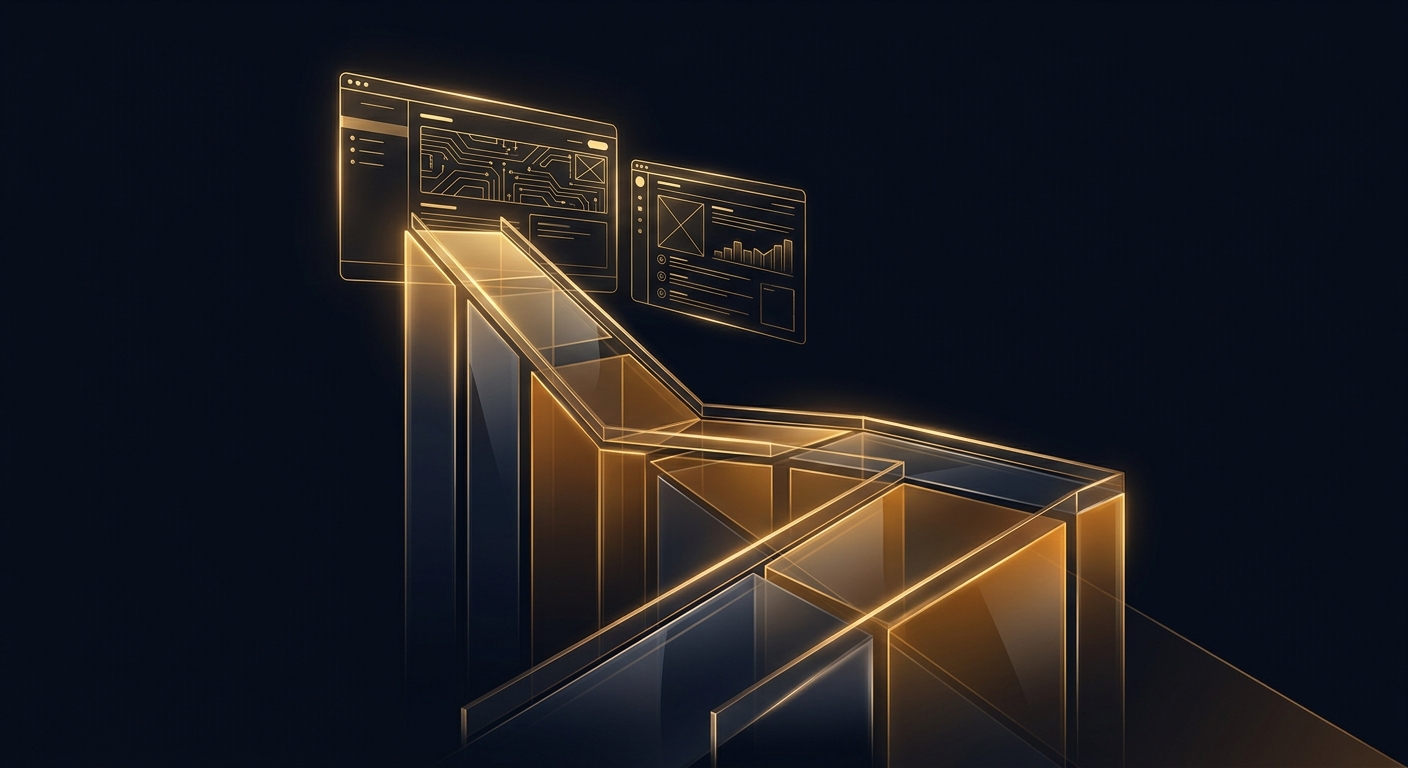AI illustration prompt: ultra polished rocket-launch metaphors restrained luxury style gradient glass ramps rising into UI wireframes shimmering gold edge lighting dark void background