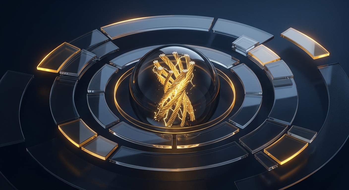 AI illustration prompt: photoreal-lite luxury ecosystem map with orbiting glass tiles labeling AI Agents ML Computer Vision Flutter Next.js React revolving around braided gold lightning filament core noir studio lighting high gloss