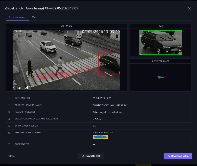 AI road safety evidence view with crosswalk overlays and violation details