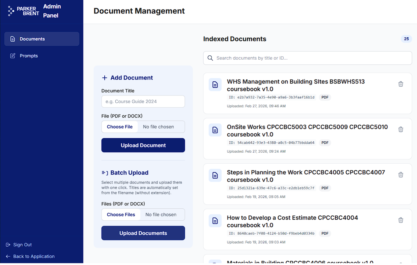 Parker Brent AI assessment helper admin panel