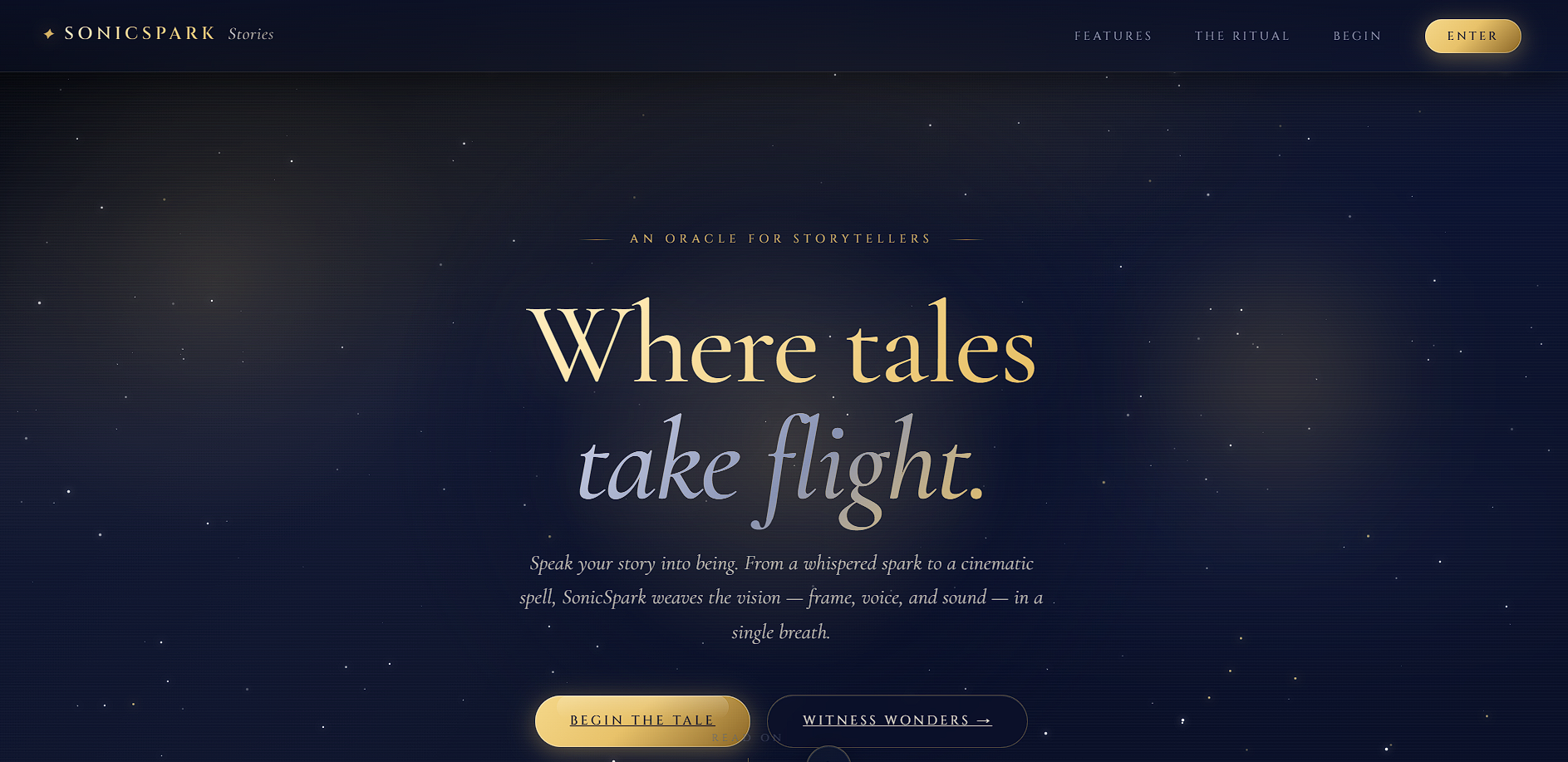 Sonic Spark Stories hero — AI video creation platform